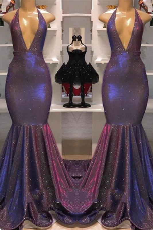 Mermaid Sexy Deep V-Neck Halter Chapel Ruffle Hem Paillette Prom Dress