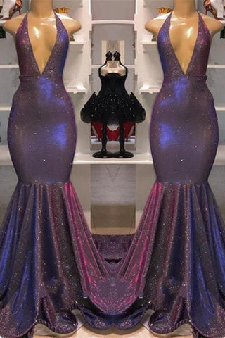 Vestido de fiesta de sirena sexy con escote halter en V profundo, bajo con volantes y lentejuelas