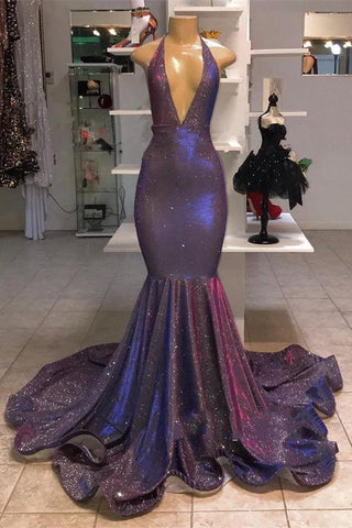 Vestido de fiesta de sirena sexy con escote halter en V profundo, bajo con volantes y lentejuelas