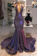 Mermaid Sexy Deep V-Neck Halter Chapel Ruffle Hem Paillette Prom Dress