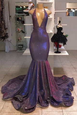 Vestido de fiesta de sirena sexy con escote halter en V profundo, bajo con volantes y lentejuelas