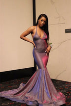 Mermaid Sexy Deep V-Neck Halter Chapel Ruffle Hem Paillette Prom Dress