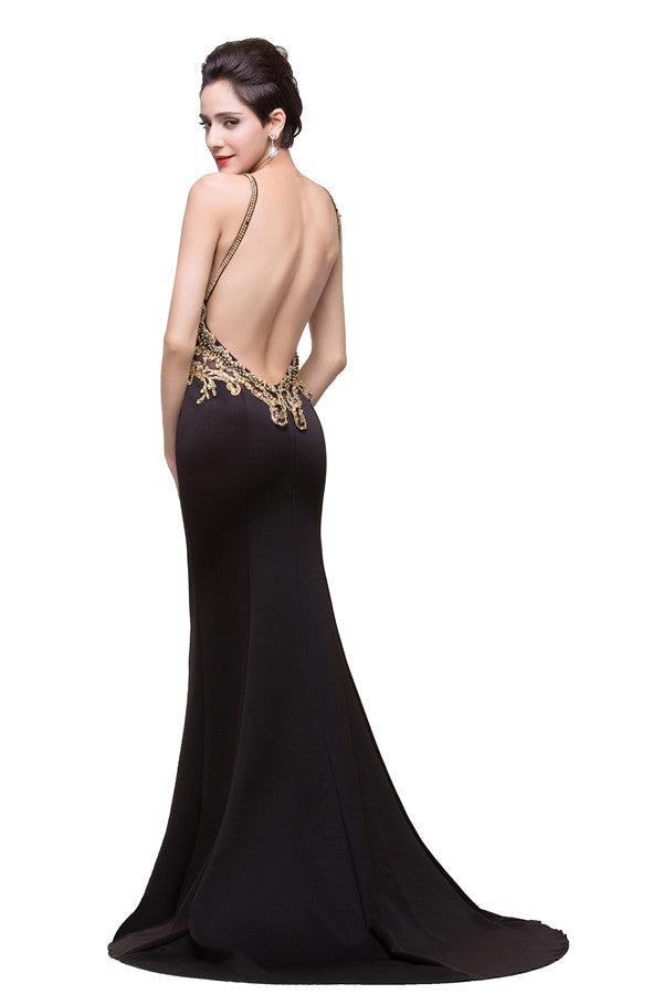 Robe de soirée noire sirène à bretelles spaghetti et longueur fleurie ornée de perles