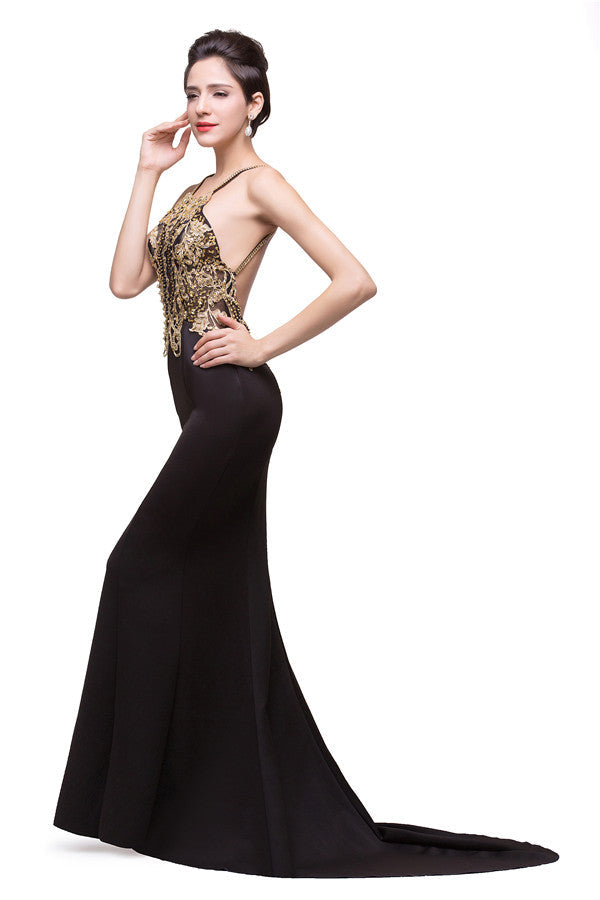 Robe de soirée noire sirène à bretelles spaghetti et longueur fleurie ornée de perles