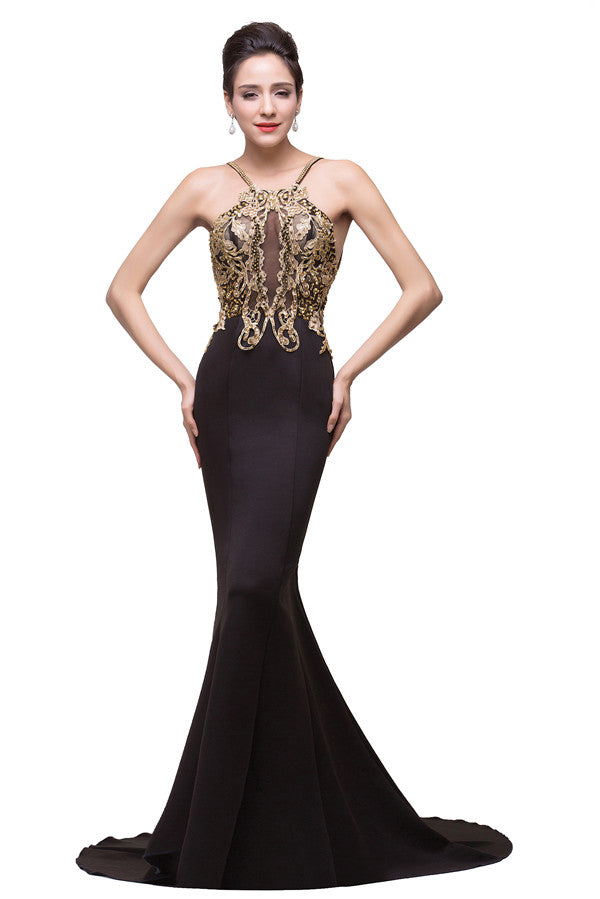 Robe de soirée noire sirène à bretelles spaghetti et longueur fleurie ornée de perles