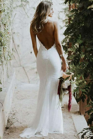 Vestido de novia de encaje con tirantes finos, escote bajo y espalda descubierta estilo sirena WD310