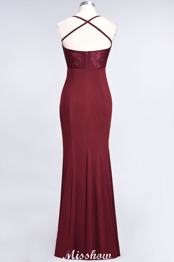 Robe de demoiselle d'honneur sirène en spandex, dentelle, bretelles spaghetti, sans manches et longue jusqu'au sol