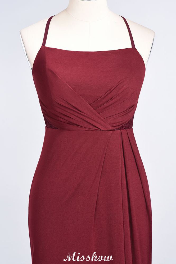 Robe de demoiselle d'honneur sirène en spandex, dentelle, bretelles spaghetti, sans manches et longue jusqu'au sol