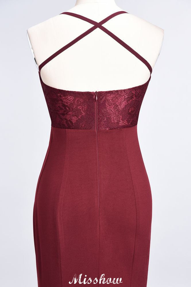 Robe de demoiselle d'honneur sirène en spandex, dentelle, bretelles spaghetti, sans manches et longue jusqu'au sol