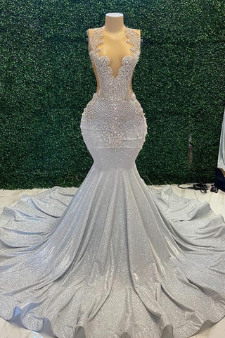 Vestidos largos de fiesta con cuentas plateadas brillantes estilo sirena