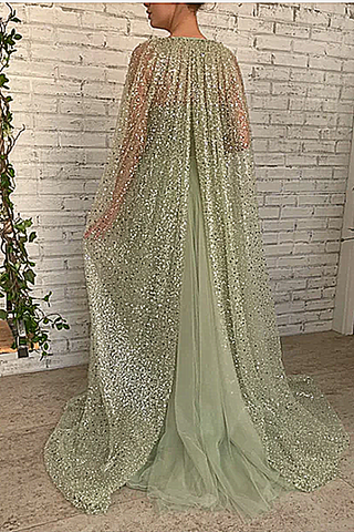 Robe de bal sirène bustier en dentelle à sequins, longue sans manches avec châle et fente haute