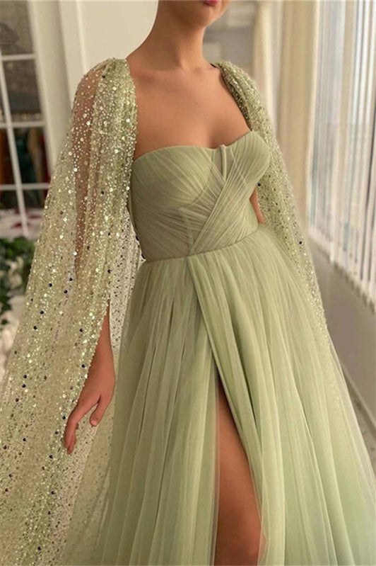 Mermaid Strapless Lace Sequins Sleeveless Long With Shawl High Split Prom Dresses
