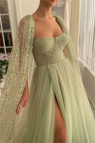 Robe de bal sirène bustier en dentelle à sequins, longue sans manches avec châle et fente haute