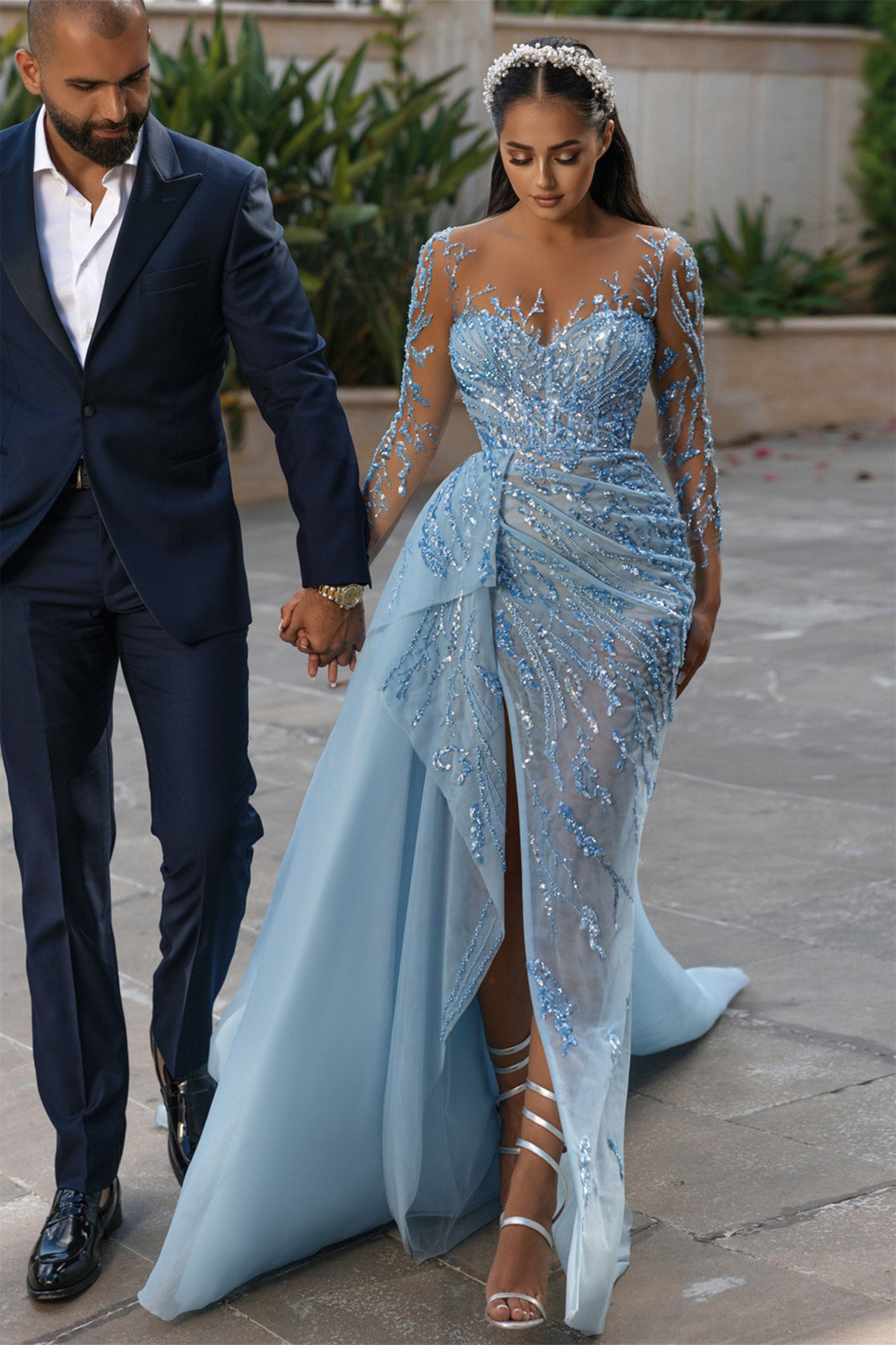 Mermaid Strapless Sweetheart Long With Side Train Appliques Lace High Split Long Sleeve Prom Dresses