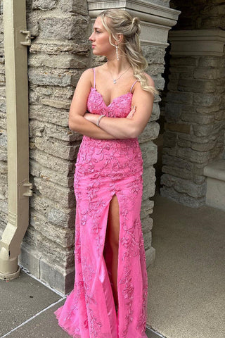 Vestido largo de fiesta azul real con tirantes de sirena, abertura y apliques