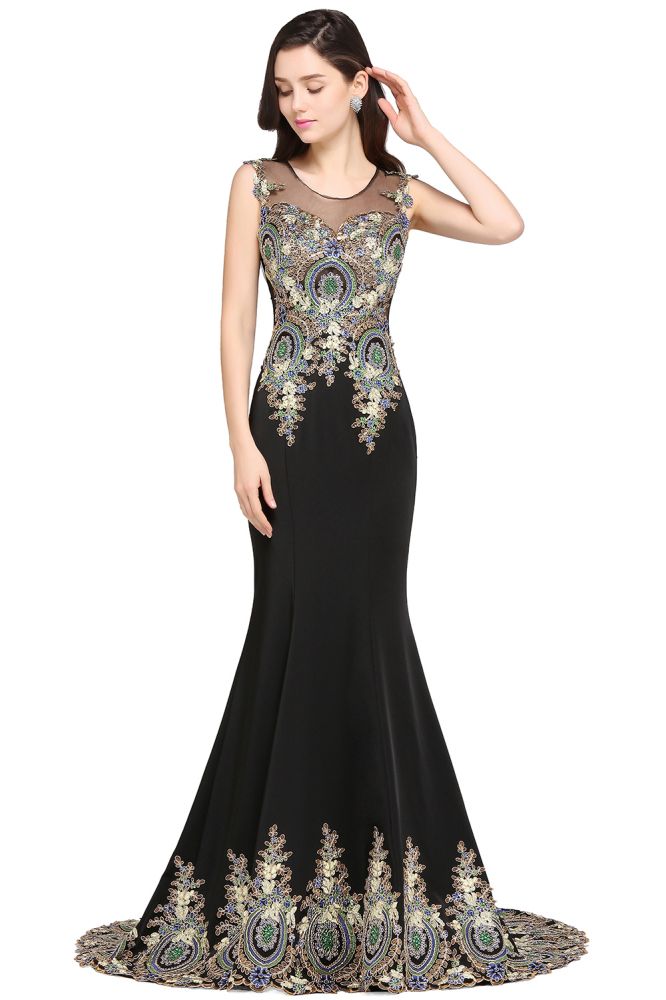 Robe de soirée noire sans manches à traîne sirène ornée d'appliqués