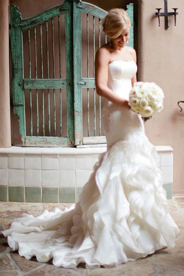 Robe de mariée sirène bustier en organza avec traîne courte WD025