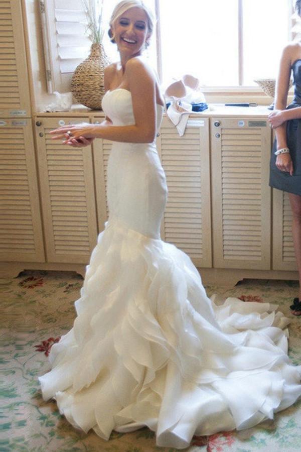 Robe de mariée sirène bustier en organza avec traîne courte WD025