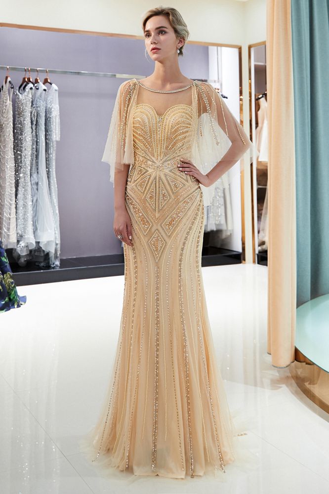 Robes de soirée sirène à décolleté illusion en cœur et sequins ornés de perles