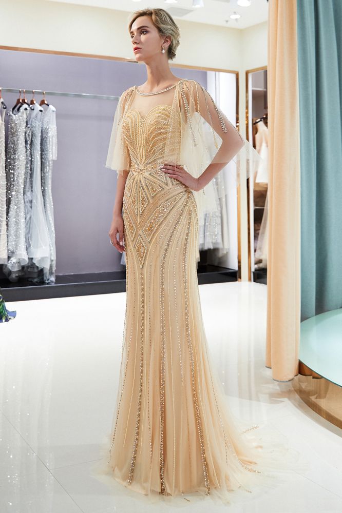 Robes de soirée sirène à décolleté illusion en cœur et sequins ornés de perles