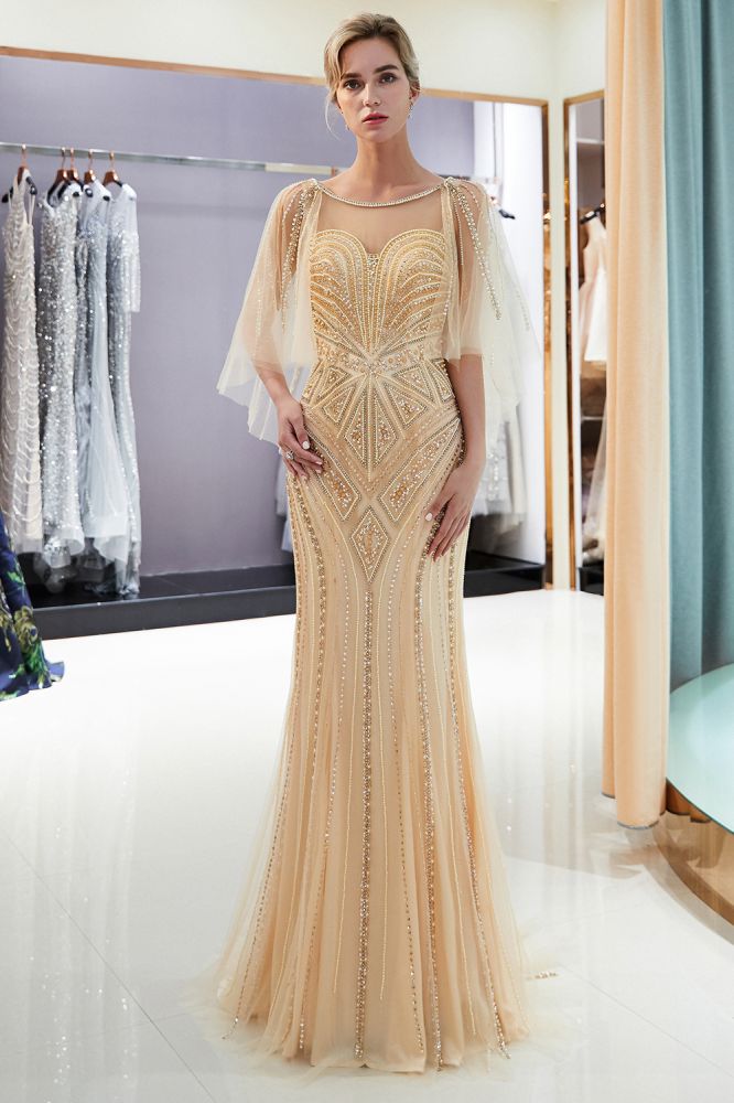 Robes de soirée sirène à décolleté illusion en cœur et sequins ornés de perles