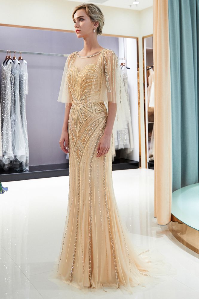 Robes de soirée sirène à décolleté illusion en cœur et sequins ornés de perles