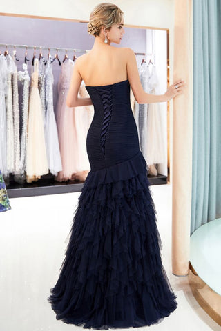 Robe de soirée longue sirène bustier en tulle drapé, décolleté cœur