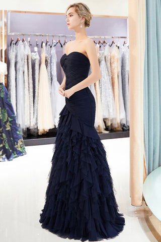 Robe de soirée longue sirène bustier en tulle drapé, décolleté cœur