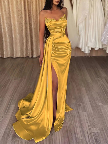 Mermaid Evening Gown Sexy Dress Prom Court Train Sleeveless Strapless Satin with Slit Pure Color