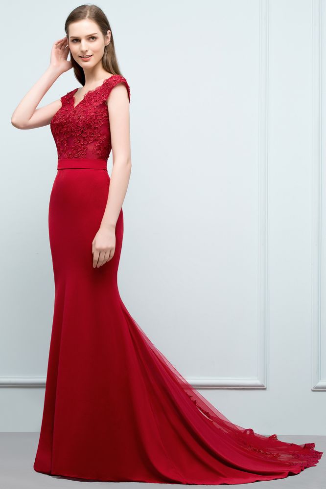 Vestidos de fiesta largos hasta el suelo con escote en V estilo sirena, apliques, cuentas y fajín