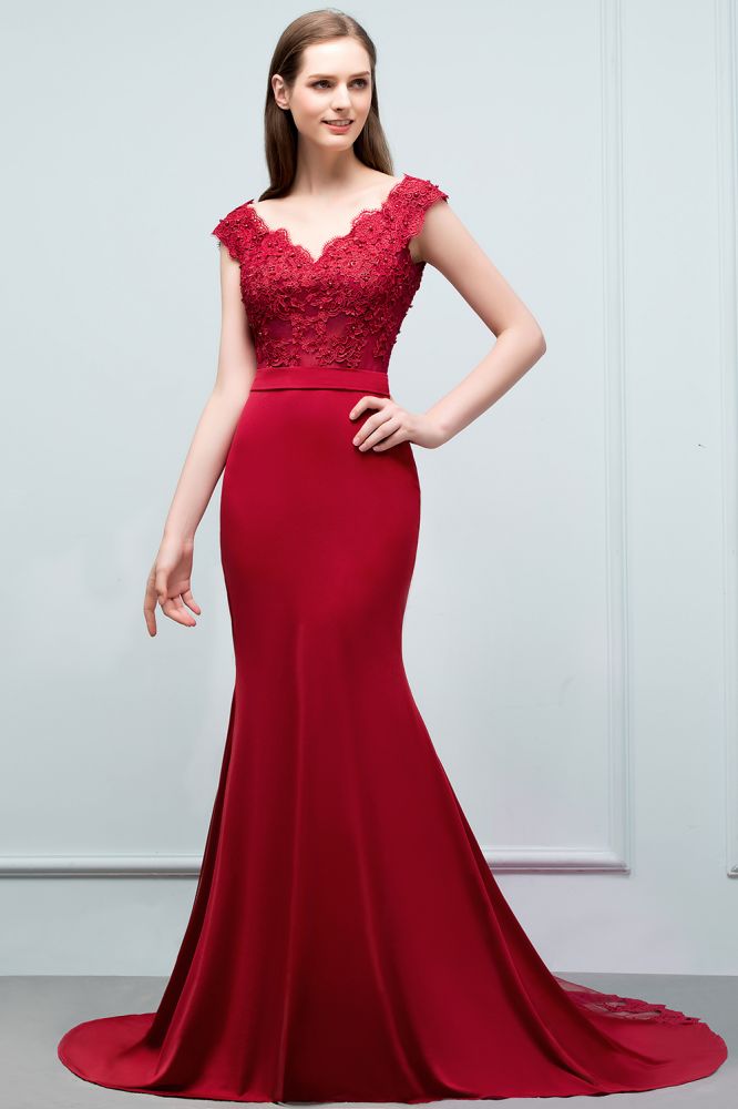Vestidos de fiesta largos hasta el suelo con escote en V estilo sirena, apliques, cuentas y fajín