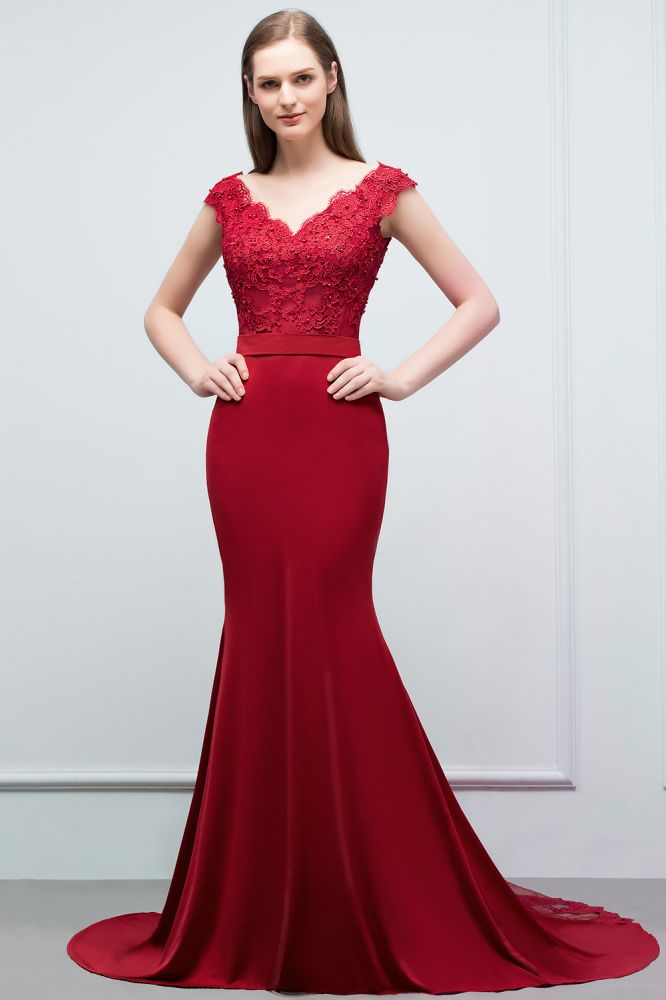 Vestidos de fiesta largos hasta el suelo con escote en V estilo sirena, apliques, cuentas y fajín