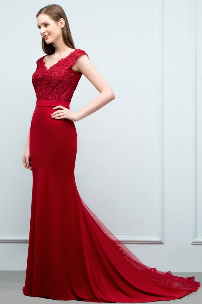 Vestidos de fiesta largos hasta el suelo con escote en V estilo sirena, apliques, cuentas y fajín