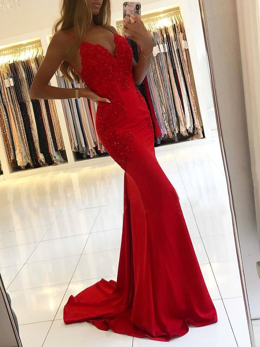 Robe de bal longue rouge sirène à col en V et dos nu en dentelle perlée