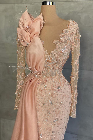 Robe de bal sirène à col en V, ornée de perles et de sequins, manches longues et appliques en dentelle et fleurs