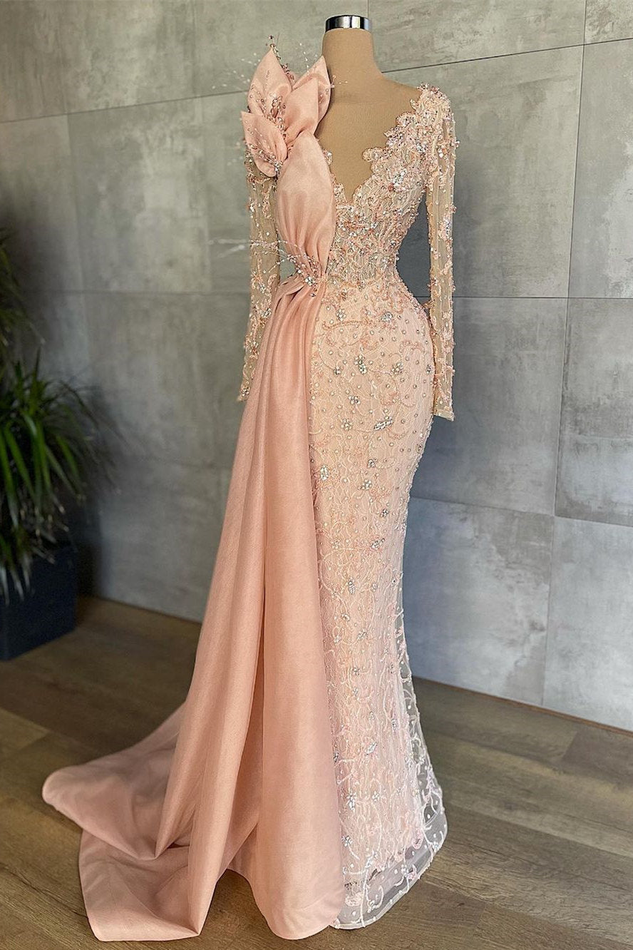 Mermaid V-neck Beading Sequins Long Long Sleeve Appliques Lace Flower Prom Dresses