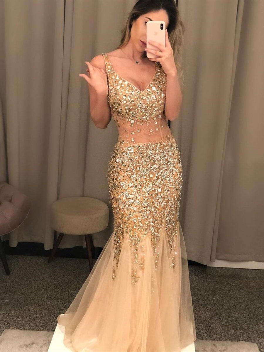 Robes de bal sirène longues dos nu à col en V, en tulle et perles, robes de soirée formelles