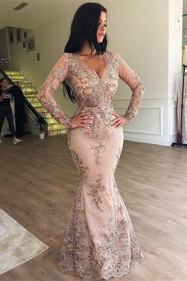 Vestidos de fiesta de sirena con escote en V, mangas largas, apliques y falda desmontable 