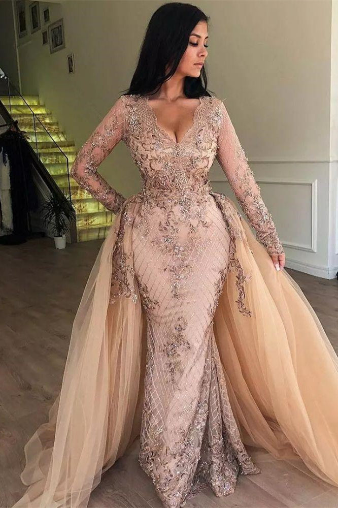 Vestidos de fiesta de sirena con escote en V, mangas largas, apliques y falda desmontable 