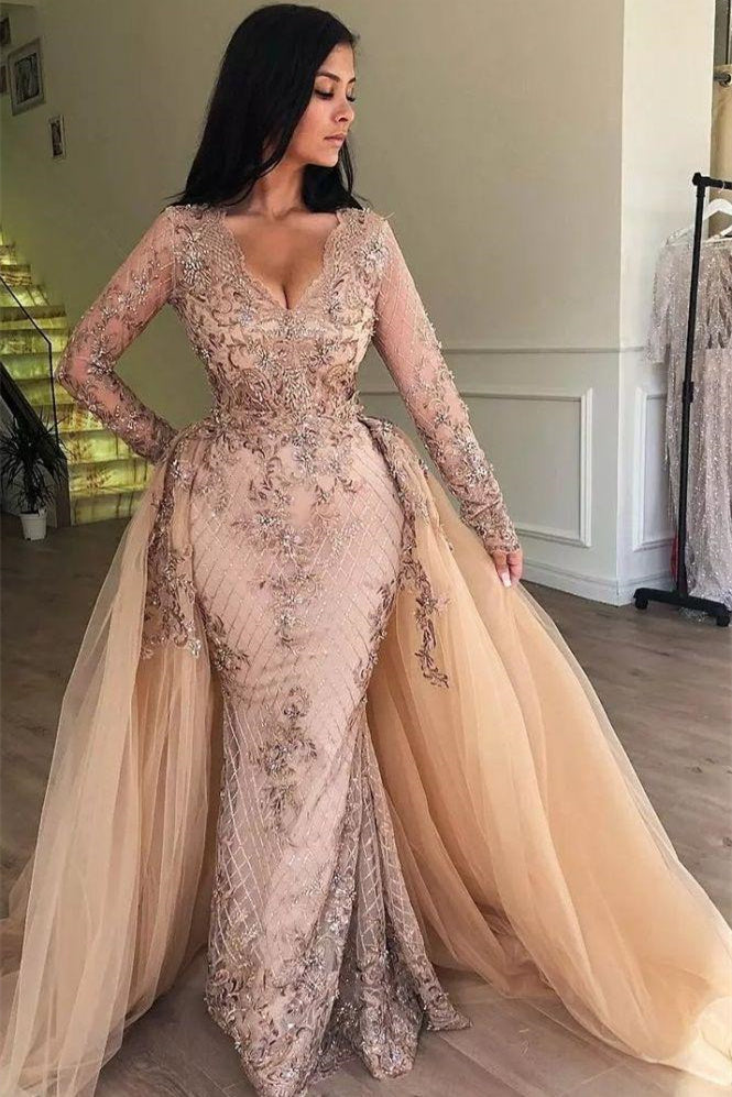 Vestidos de fiesta de sirena con escote en V, mangas largas, apliques y falda desmontable 