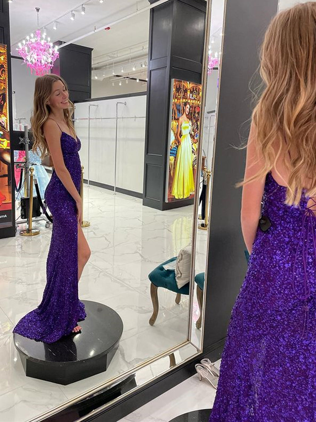 Vestidos largos de fiesta de sirena con escote en V, espalda descubierta, abertura y lentejuelas. Vestidos de noche formales para graduación.