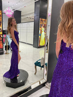Vestidos largos de fiesta de sirena con escote en V, espalda descubierta, abertura y lentejuelas. Vestidos de noche formales para graduación.