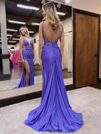 Lunarise | Vestidos largos de fiesta de sirena con escote en V, satén morado y pedrería