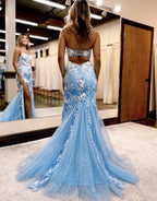 Aubrie | Robe de bal sirène à fines bretelles en dentelle et tulle avec fente