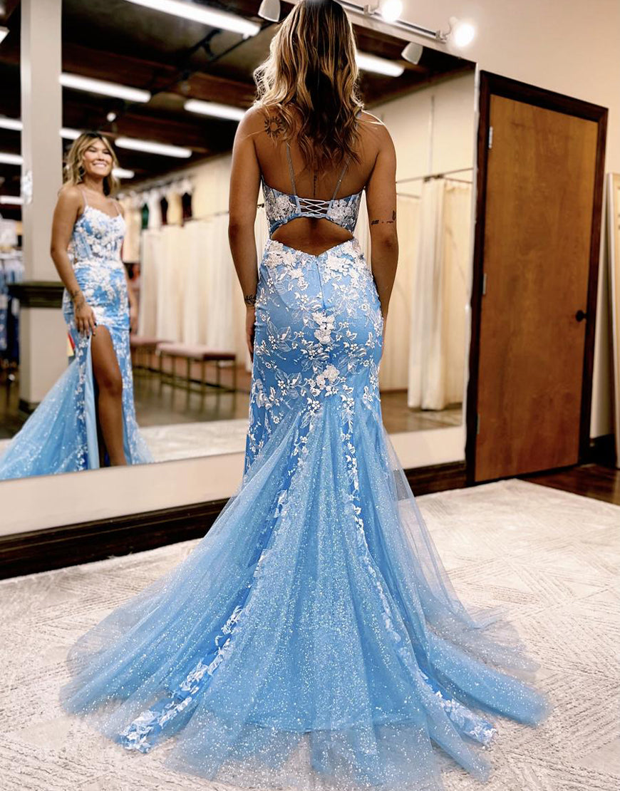 Aubrie | Robe de bal sirène à fines bretelles en dentelle et tulle avec fente
