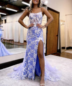 Aubrie | Robe de bal sirène à fines bretelles en dentelle et tulle avec fente