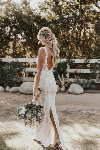 Vestido de novia bohemio de encaje con escote en V profundo estilo sirena/trompeta WD524