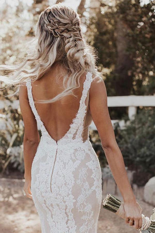 Vestido de novia bohemio de encaje con escote en V profundo estilo sirena/trompeta WD524