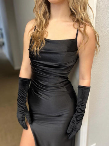 Merrilynne | Vestido de fiesta negro de sirena con tirantes finos, abertura alta y pliegues de satén 