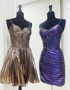 Robe de bal de promo trapèze en satin doré métallisé à fines bretelles spaghetti